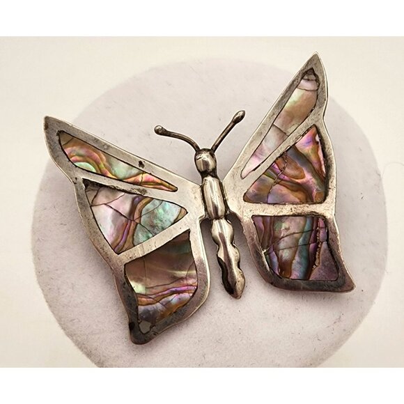 Vintage Mexican Taxco Sterling Silver & Abalone Butterfly Brooch Pin Retro 70s - Picture 2 of 5